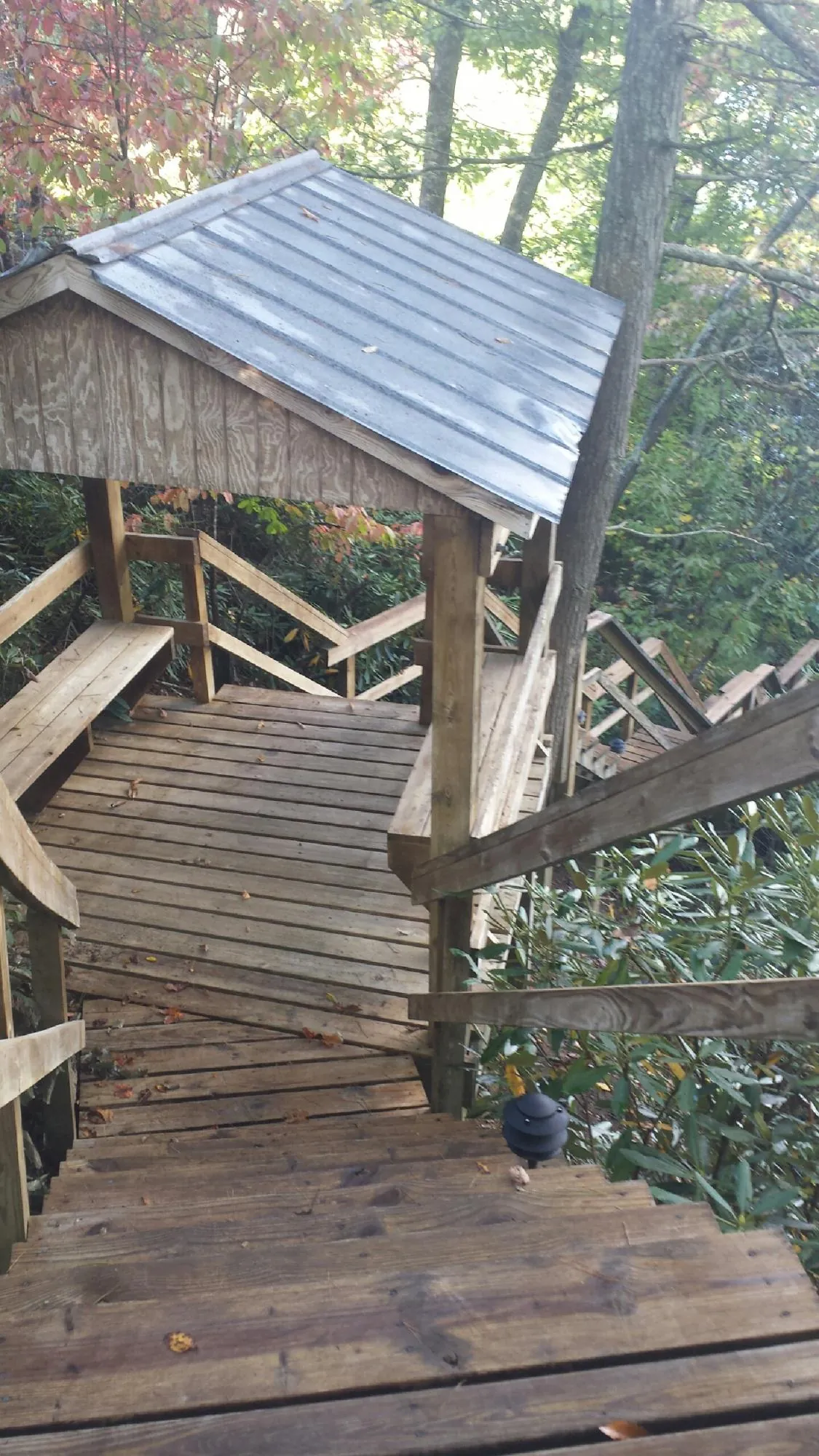 Metal roofed shelter over wooden steps on a wooded walkway — Skylight Repair & Installation work by our crew in Herald